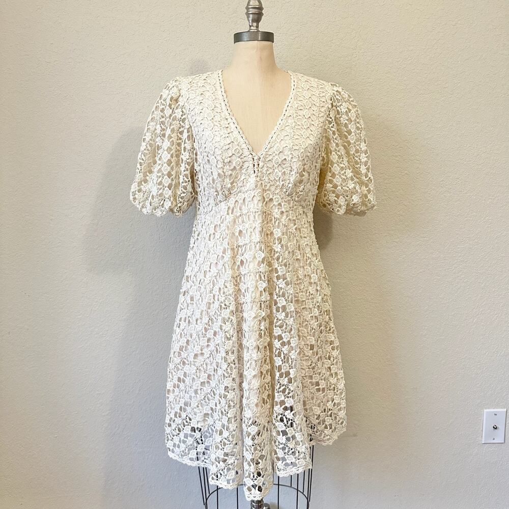 BY TIMO Mini Dress Cream Crochet Lace Lined Puff Sleeve Babydoll
